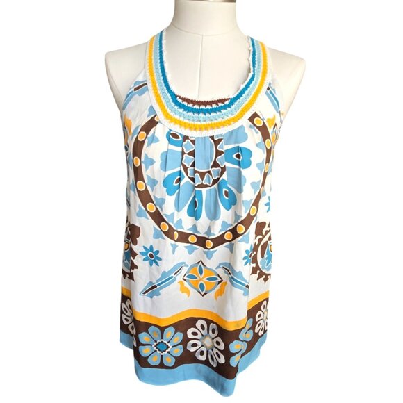 Nicole Miller Womens Floral Halter Top Crochet Neckline Boho Chic Medium JJ3948 - Picture 1 of 14